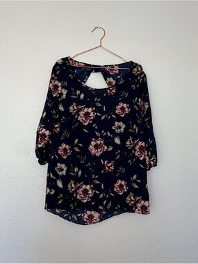 Moa Moa Navy Floral Keyhole Back Long Sleeve Dress